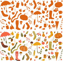set of autumn items in doodle style, autumn icons isolated