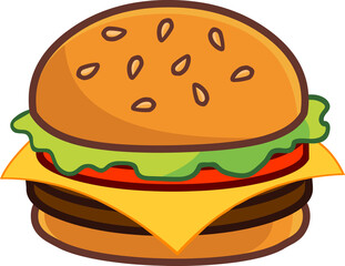 Cartoon Burger With Lettuce,Tomato And Cheese. Hand Drawn Illustration Isolated On Transparent Background