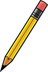 Cartoon Yellow Pencil. Hand Drawn Illustration Isolated On Transparent Background