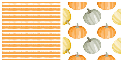 Set of two seamless patterns with cute hand drawn Autumn pumpkins and orange stripes, on isolated white  Background for Thanksgiving, Halloween, Harvest celebration, textiles, wall paper, scrapbooking