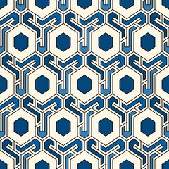 Honeycomb seamless pattern. Hexagon mosaic tiles ornament. Ethnic surface print. Repeated geometric figures background. Ornamental wallpaper. Modern geo design digital paper.