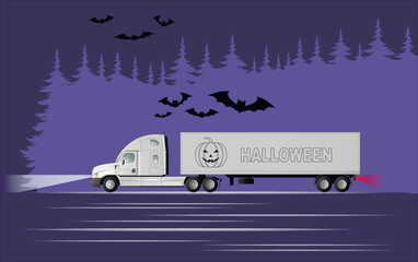 Very peri. A modern American truck with a semi-trailer carries Halloween gifts at night past a forest with bats.