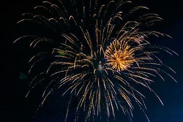 Inexpensive, budget, beautiful fireworks in the city, against the backdrop of the night sky.