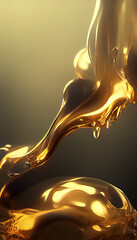 Liquid gold metallic dynamic glossy fluid abstract luxurious background. Digital 3D illustration.