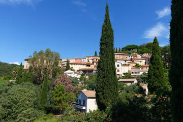 High side view beautiful village in south of France, Bormes les mimosa village.