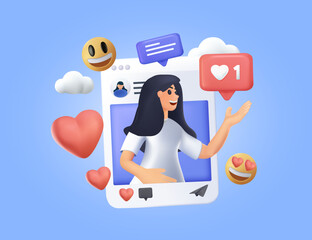 Social media post, blogging. Influencer blogger girl character. Like, share and comment promo. Selfie creative idea. SMM Social profile insta frame young star. Vector illustration. Modern 3d render
