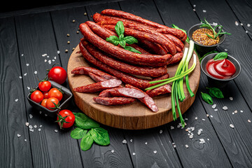 Kabanosy, polish sausages made of pork - obrazy, fototapety, plakaty