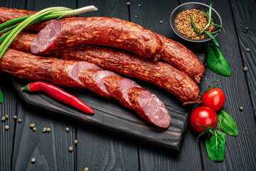 Smoked homemade sausage ring. Sausage on a black background.