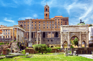 Palace of Senators on Capitoline Hill view from Roman Forum, Rome, Italy - obrazy, fototapety, plakaty