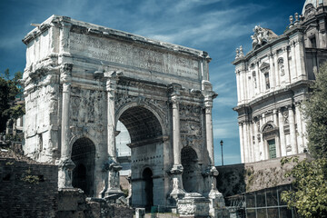 Roman Forum in Rome, Italy. View of Arch of Septimius Severus