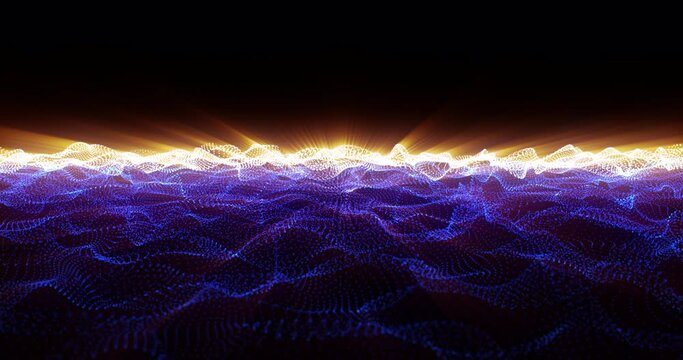 Abstract animation motion design with beautiful bright blue glowing energy electric magic space lines waves of particles against the backdrop of a glowing luminous sunset in high resolution 4k