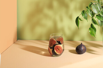 Drink with figs and honey on a light background with tropical leaves. Modern still life on pastel...