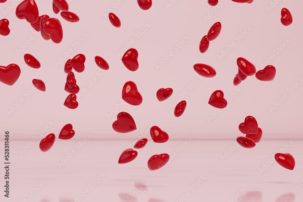Poster abstract background consisting of patterns of flying red hearts. 3d render