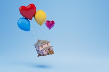 concept of buying a house. the house flies away on colorful balloons on a blue background. 3d render