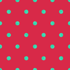 Green Polka Dot on Red Backdrop, Christmas Background, Seamless Pattern, Festive Illustration for Holidays, Wrapping Paper, Texture EPS Vector.
