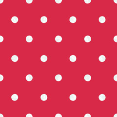 White Polka Dot on Red Backdrop, Christmas Background, Seamless Pattern. Festive Illustration for Holidays, Wrapping Paper, Texture EPS Vector.