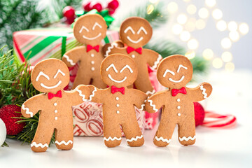 Christmas Decorations with Gingerbread man and Gift Box. Traditional holiday symbol. Christmas design.