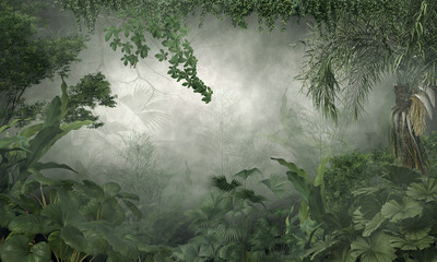 tropical trees and leaves in foggy forest wallpaper design - 3D illustration
 - obrazy, fototapety, plakaty
