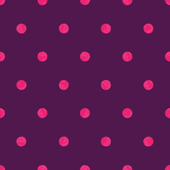 Neon Pink Polka Dot On Purple Background, Seamless Vector Pattern. Wrapping Paper, Design For Fabrics, Printing and Fashion.