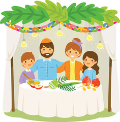 Jewish family celebrating Sukkot in the traditional booth with symbols of the holiday.