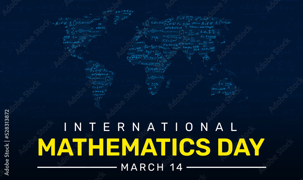 Poster international day of mathematics abstract background in blue with typography and equations. mathemat