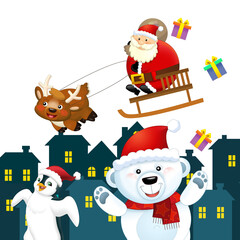 Christmas happy scene with different animals like reindeer and penguins santa and snowman illustration for children