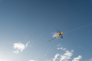 A kite flying high in the sky in a nature reserve. Happy outdoor recreation. Freedom and space.