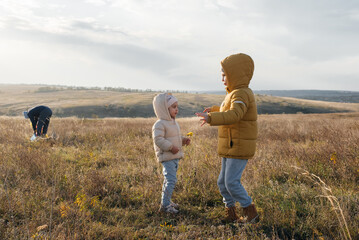 A happy family with children flies a kite and spends time together outdoors in a nature reserve. Happy childhood and family holidays. Freedom and space.