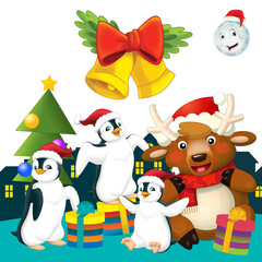 Christmas happy scene with different animals like reindeer and penguins santa and snowman  illustration for children