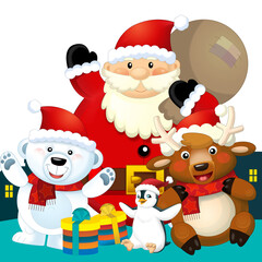 Christmas happy scene with different animals like reindeer and penguins santa and snowman  illustration for children