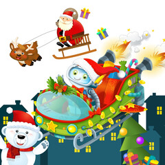Christmas happy scene with different animals like reindeer and penguins santa and snowman  illustration for children