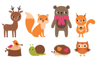 Cute cartoon forest animals, vector illustration