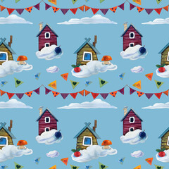 Houses in the clouds. The seamless watercolor pattern on a blue background. , greeting cards, wedding invites romantic events.
