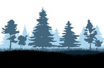 Foggy dusk. Coniferous forest with firs and pines. Landscape with trees and grass. Silhouette picture. Isolated on white background. Vector.