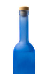 Beautiful blue bottle with a cork on a white background