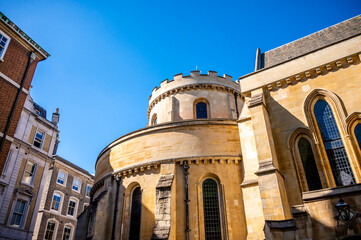 Fototapeta na wymiar London, UK - August 20, 2022: Impressive Temple Church in the City of London. Temple Church was built by Templars in the 12th century and is a popular destination.