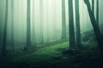 Foto op Plexiglas mistig bos in de ochtend © XtravaganT