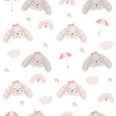 Seamless pattern with cartoon rabbits, rainbow, cloud and umbrella. Print in pastel colors. Children's wallpaper, textile or wrapping paper. Vector illustration. Cute childish pattern.