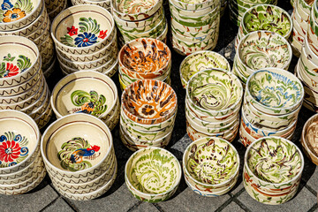 Traditional Romanian handmade ceramics market at the potters fair from Sibiu, Romania