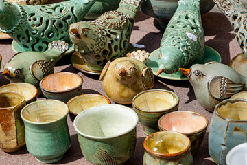 Traditional Romanian handmade ceramics market at the potters fair from Sibiu, Romania