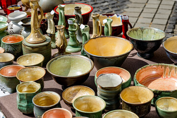 Traditional Romanian handmade ceramics market at the potters fair from Sibiu, Romania