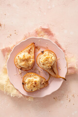 Delicious grilled pears baked with ricotta cheese and walnuts. honey topping. Healthy sweet dessert