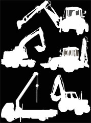 white excavator five silhouettes isolated on black