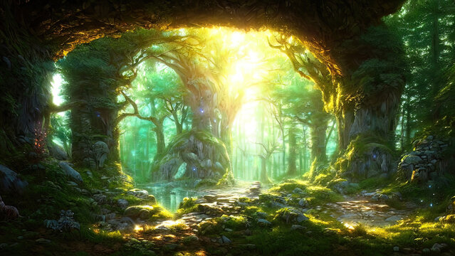 Dense dark fantasy forest, with big trees, green, sunset light. The magical atmosphere of the forest, fairy forest, magic light. 3D illustration