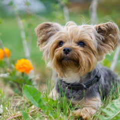 Yorkshire Terrier puppy lies in the low spring grass close to flowers. Funny small York puppy on golden hour time photography. close up