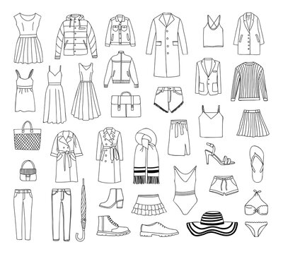 Clothes doodle illustration collection. Hand drawn clothing icons collection. Clothes icons set in vector.