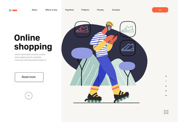 Online shopping - electronic commerce web template - modern flat vector concept illustration of a man wearing roller skates and shopping on the go. Promotion, discounts, sale and online orders concept