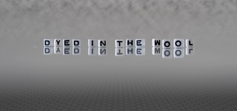 dyed in the wool word or concept represented by black and white letter cubes on a grey horizon background stretching to infinity