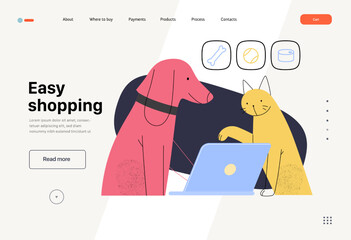 Easy shopping -Online shopping and electronic commerce web template -modern flat vector concept illustration of pets doing order online on laptop. Promotion, discounts, sale and online orders concept