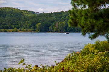 a gorgeous summer landscape at Lake Allatoona with a motor boat sailing across the blue water surrounded by lush green trees, grass and plants with blue sky and clouds at Red Top Mountain State Park